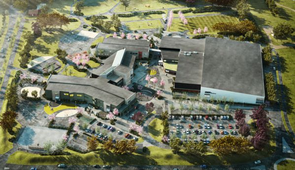Fågelvy över den nya skolan i Varberg. Illustration: Fredblad Arkitekter