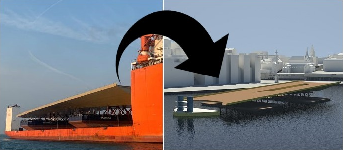 För att få bron på plats kommer fartygets däck att sänkas ned ett antal meter under vattenytan. Bild: Skanska / Rendering: ELU/Tikab