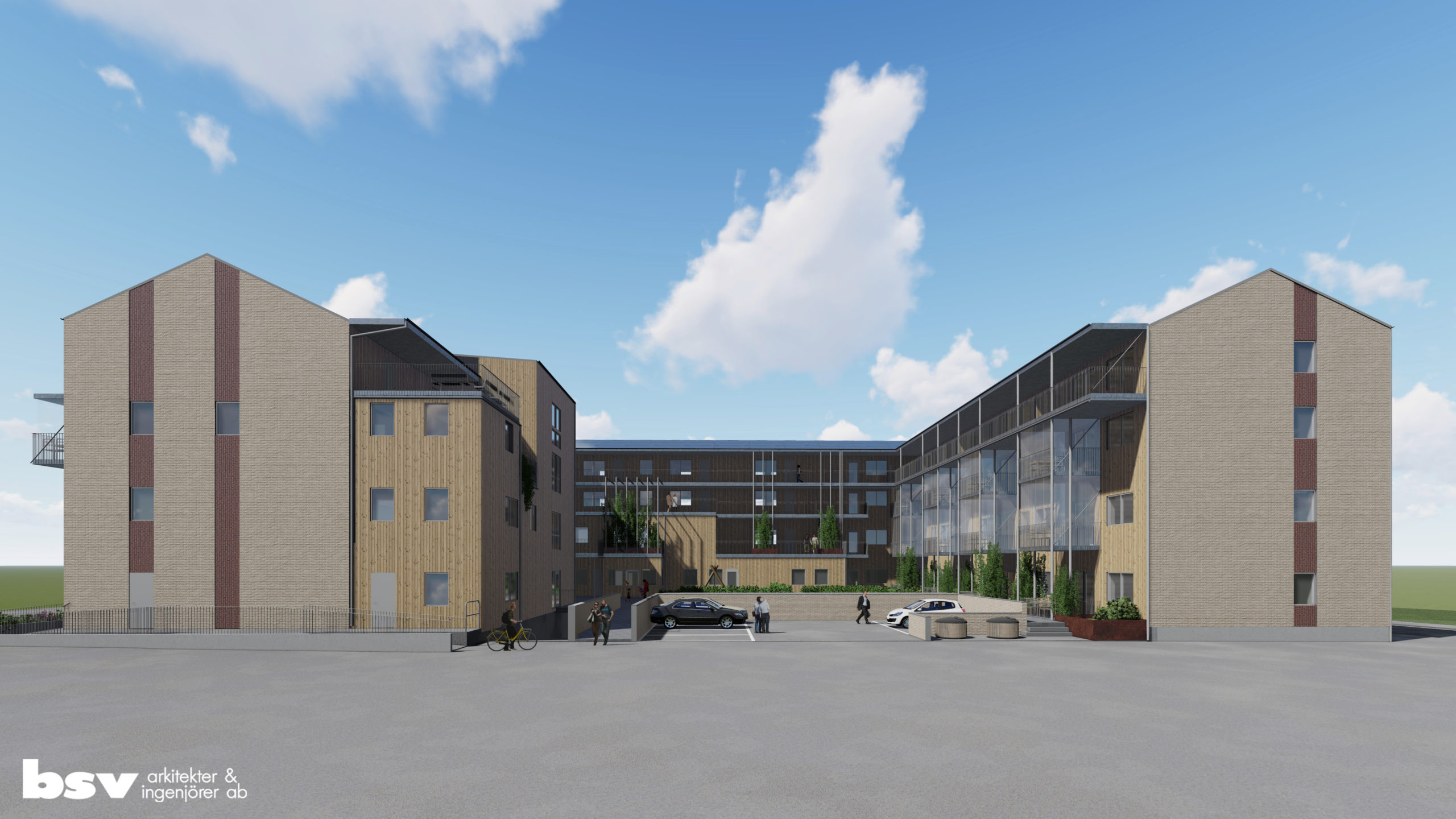 Det är Peab som har fått uppdraget att bygga centrumhuset i det nya kvarteret som uppförs intill Junehems AB:s kontor centralt i Norrahammar. Illustration: BSV Arkitekter & Ingenjörer