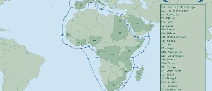 Undervattenskabeln kommer vara nästan lika lång som jordens omkrets. Pressbild från 2Africa.