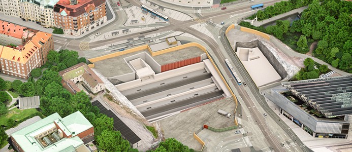 Så här kommer Korsvägen att se ut efter sommaren och under hela byggtiden fram till 2024. I schaktet byggs Västlänkens station för Korsvägen. Trafiken färdas på en tillfällig bro över schaktet. Bilden är tagen norrut. Bildkälla: Trafikverket