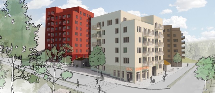 De första bostadshusen i Råby i Västerås byggs enligt Miljöbyggnad silver med solpaneler på taken för produktion av egen el. Illustration: Tovatt Architects & Planners / Sweco Architects.