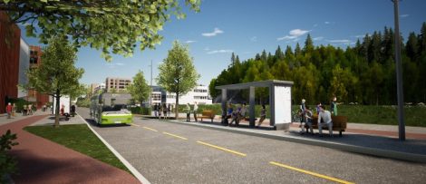 Peab har fått uppdraget att bygga en ny huvudgata på Skårersletta i Lørenskog utanför Oslo. Illustration: Norconsult/Baezeni